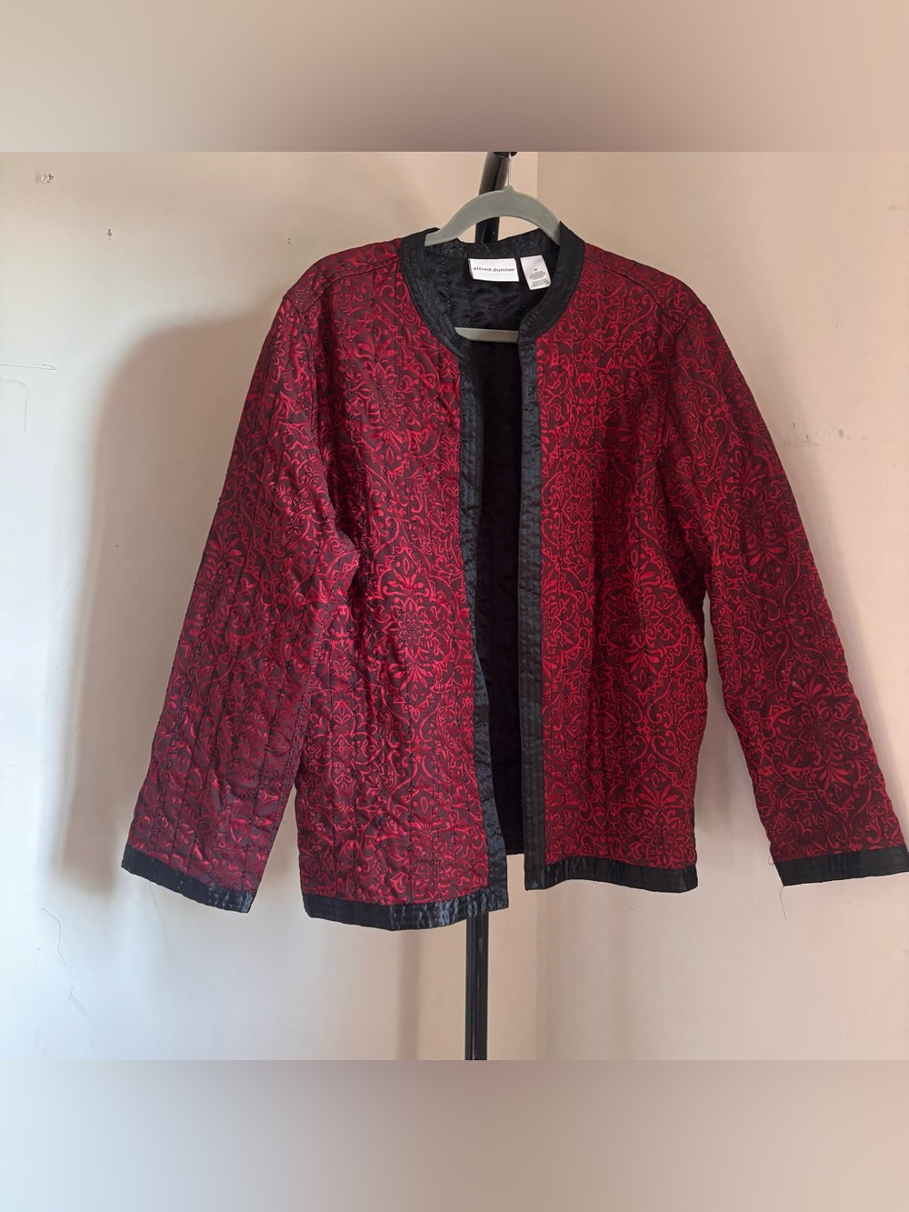 Alfred Dunner Red Quilted Floral Jacket with Black Trim